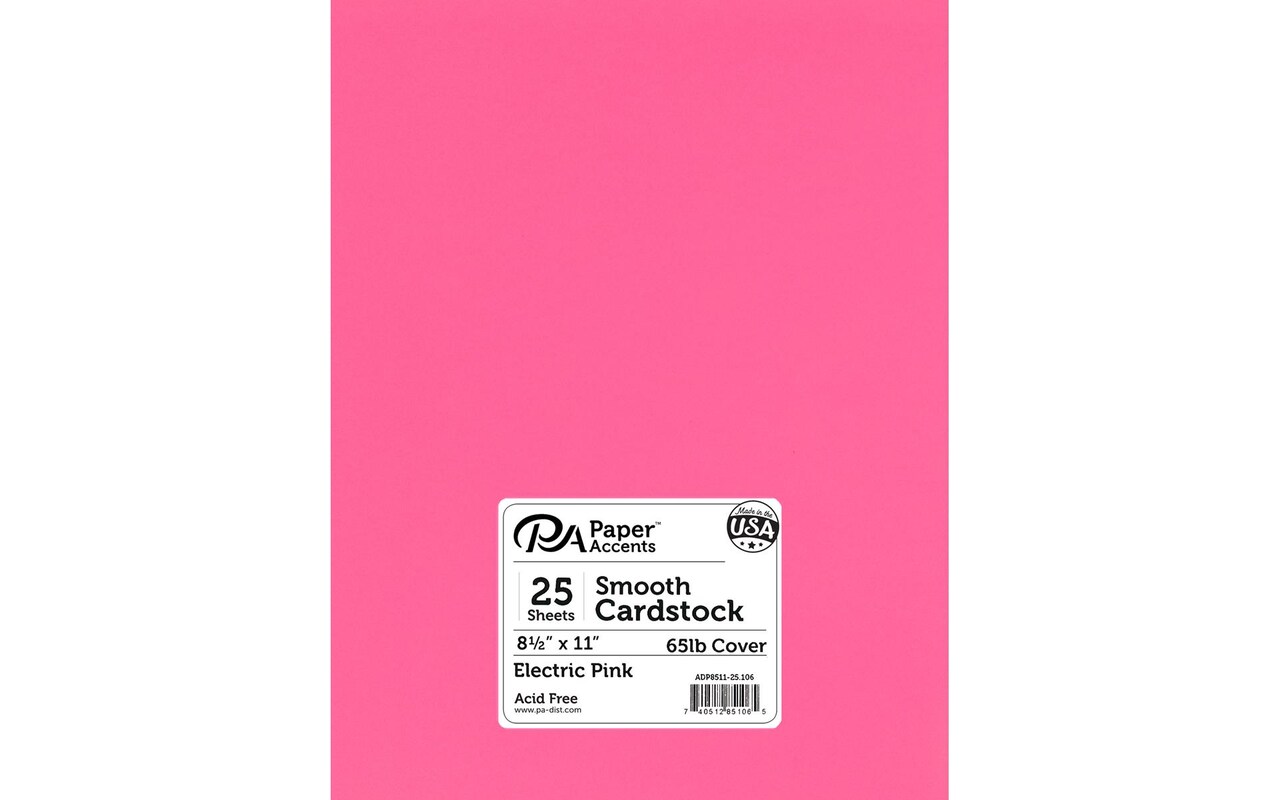 PA Paper Accents Smooth Cardstock 8.5" x 11" Electric Pink, 65lb colored cardstock paper for card making, scrapbooking, printing, quilling and crafts, 25 piece pack